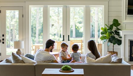 A warm modern lifestyle photo of a family relaxing together in the living room of a home typical of the Houston Texas area  The family is on the couch on the right side of the image The home interior should feel bright welcoming and livedin with mode-2
