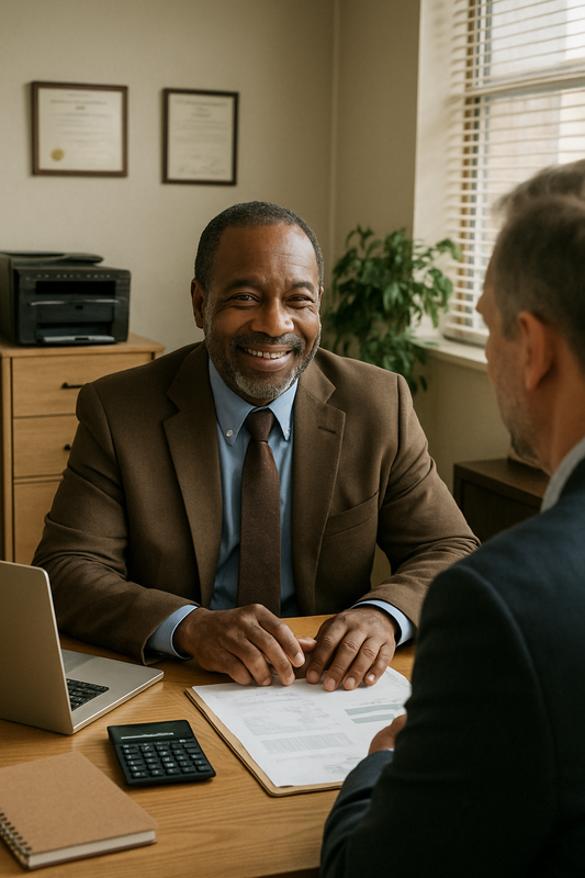 African american owner of a local accounting practice Hes about 50 years of age and is sitting down at a meeting in his modest but clean office with a fellow business owner There is no signage in the image-1-1