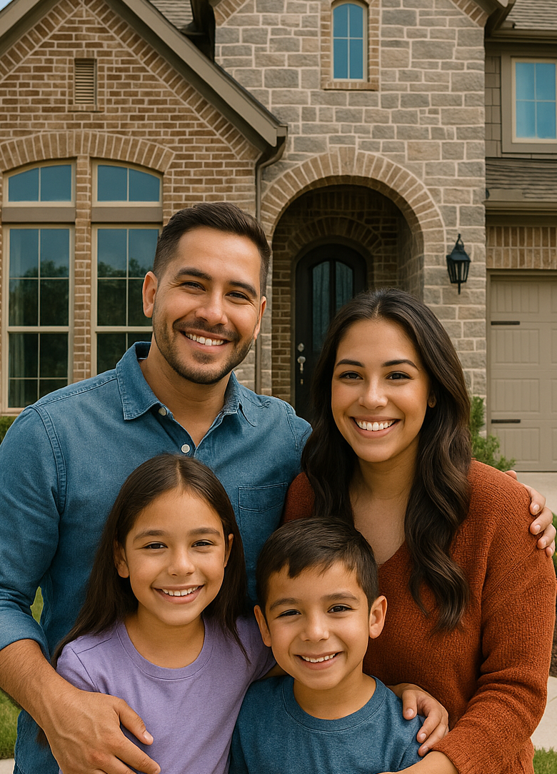 family posing in front of their home.