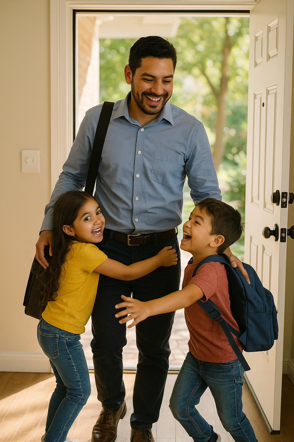 Hispanic dad age 32 walking into his home after work His kids are young elementary school kids and are excited to see him-1