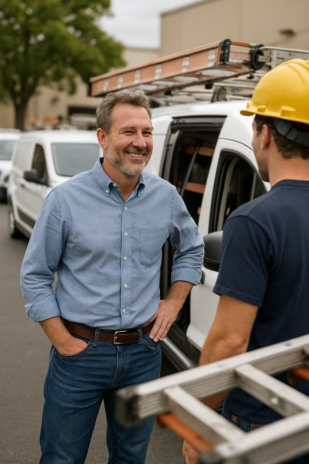 Male caucasian man age 45 Hes the owner of a local commercial electrician company Hes dressed in business casual blue jeans and an oxford shirt with the sleeves rolled up Hes in the parking lot chatting with member of his field teams who are loading